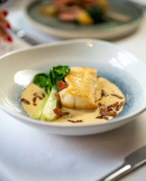 Main Roasted Ballycotton Monkfish, Ballymaloe Cider & Gubbeen Bacon Cream, Shanagarry Pak Choi